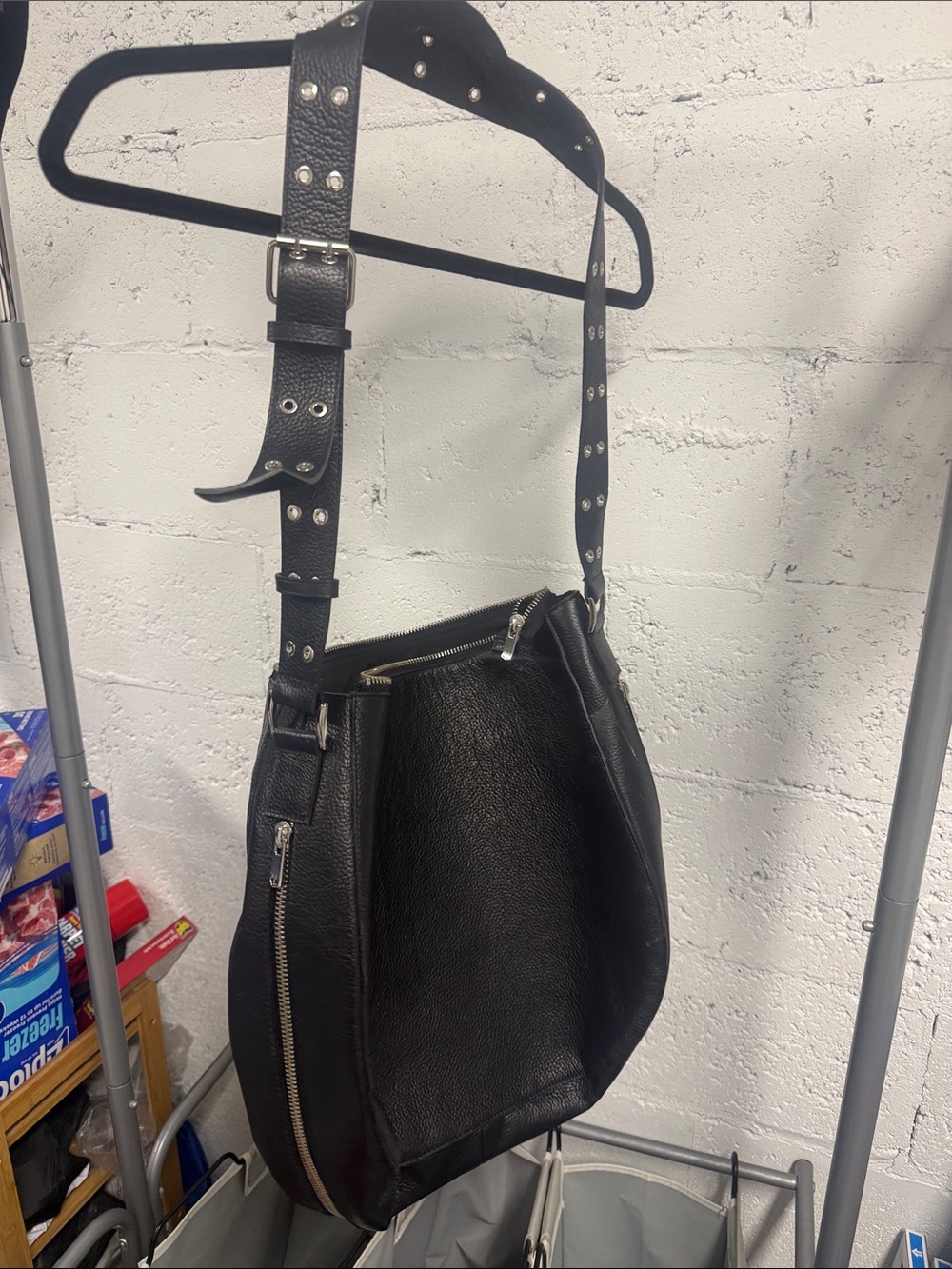 Black Studded Strap Leather Shoulder Bag - Women Large Hobo Tote Bag -